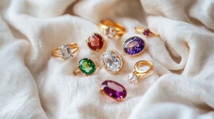 Flat lay of gem jewelry including rings and pendants with bright stones, placed on a soft fabric and white background. Vibrant colors stand out.