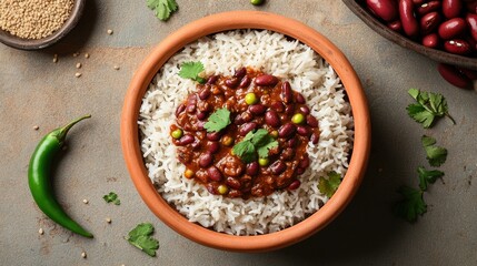 Flat lay of Rajma red bean masala with rice in a clay bowl on a concrete table, accompanied by red beans, green chilies, and cumin seeds. A flavorful Indian meal.