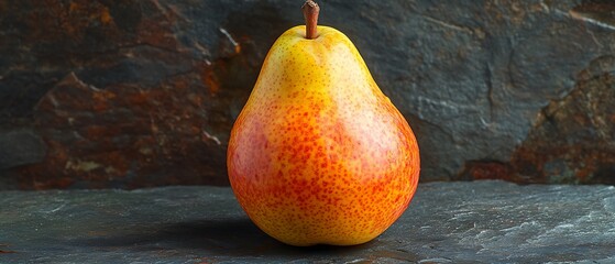 A red and yellow pear on a slate background.