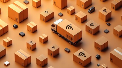 Efficient supply chain with tracking icons and delivery truck