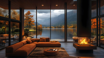 modern home with stunning lake and mountain views, cozy fireplace for relaxing fall evenings