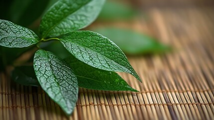 Poster - Green Leaves on a Bamboo Mat : Generative AI