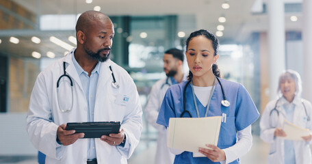 Poster - Walking, tablet and doctor with nurse in hospital for medical service, consulting and surgery schedule. Healthcare, talking and man and woman with digital tech, paperwork and documents for diagnosis