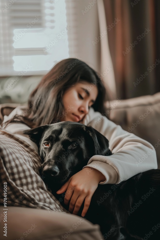 A young woman rests peacefully on a couch, cuddling her black Labrador ...