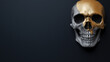 © keystoker - This skull features a gleaming gold accent against a black backdrop, making it an ideal centerpiece for Halloween decorations and autumn festivities, copy space
