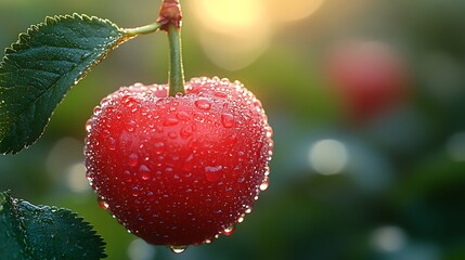 Wall Mural - A single red cherry with dew drops hanging from a branch in the early morning sun.