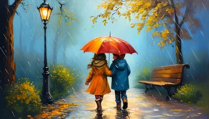 Wall Mural - charming oil painting of children walking in a vibrant park under a shared umbrella during a gentle spring rain