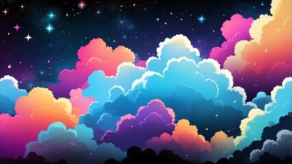 Wall Mural - black fluffy clouds colorful background with sparkling gold stars, comic art style