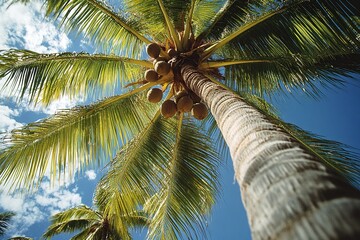 A view from the top of an unshorn coconut palm tree with coconuts, low angle