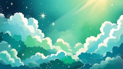 Wall Mural - green fluffy clouds colorful background with sparkling gold stars, comic art style