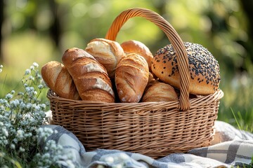 Freshly baked bread rolls and a soft bun in a wicker basket surrounded by greenery during a sunny afternoon. Generative AI