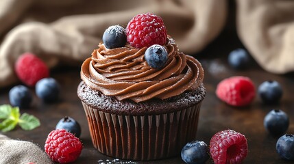 Close-up of a chocolate cupcake topped with whipped cream, blueberries, and raspberries.