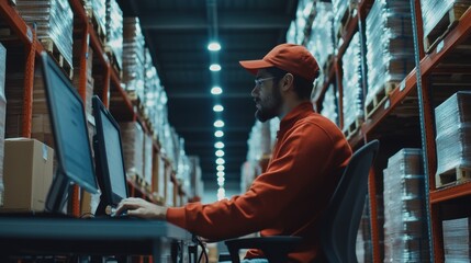 Detailed photography of a warehouse worker using a computer to track incoming shipments