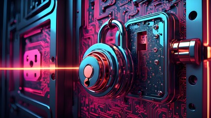 A shiny metallic padlock with a red laser beam passing through the keyhole, set against a futuristic, blue and red circuit board background.