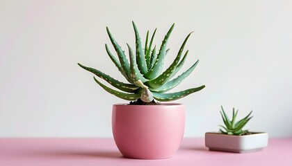 Wall Mural - Vibrant aloe vera plant in a stylish pink pot against a clean white backdrop, ideal for enhancing indoor spaces and promoting natural skincare.