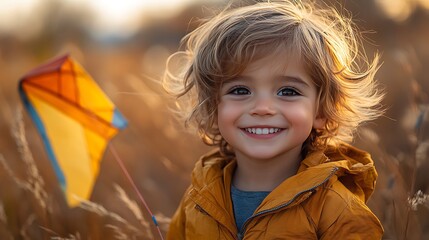 Wall Mural - A smiling toddler boy holding a kite in a field.