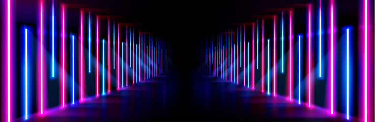 Wall Mural - neon light corridor background. abstract led and laser stage in futuristic club room. empty dance co