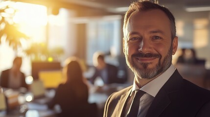 Realistic image of a modern office with warm, natural lighting. In the foreground, a happy boss in formal and smiling and engaged, with a positive expression of satisfaction.