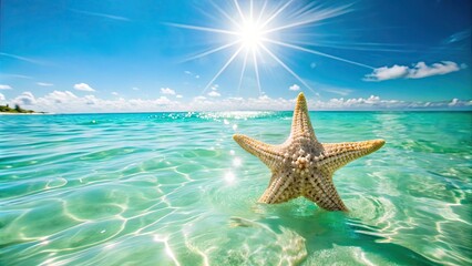 Wall Mural - Tranquil beach scene with a starfish in crystal-clear water.