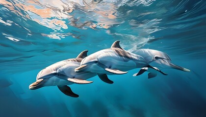 Elegant dolphin gliding through crystal-clear waters, capturing the beauty of marine life in a realistic depiction