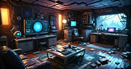 messy living room in futuristic sci fi house home in the woodland forest. abandoned room interior with computer technology and monitor displays in forest cabin.