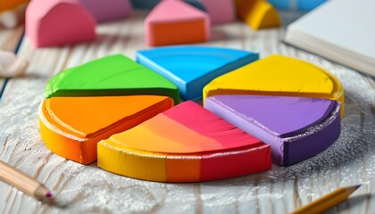 Vibrant rainbow-colored wooden pie chart segments for educational, business, and creative design applications