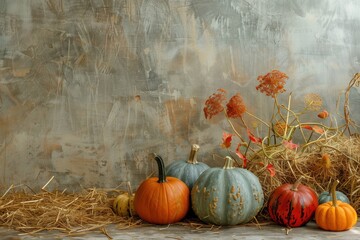 Wall Mural - Fall themed still life with pumpkins and hay in vertical layout