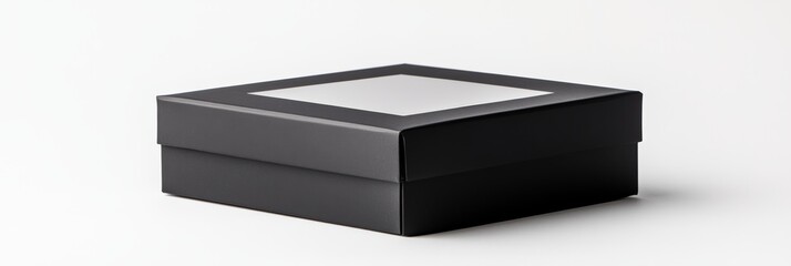 Wall Mural - a simple, plain black packaging box with a clear window, set against a seamless white background