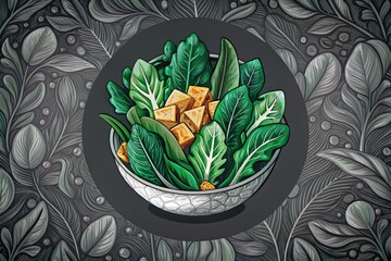 Artistic illustration of a fresh leafy salad with croutons.