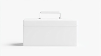 A simple white lunch box mockup with a handle, set on a seamless white background