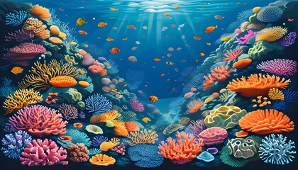 Vibrant underwater paradise showcasing colorful coral reefs and diverse marine life in a stunning illustration