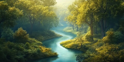 Wall Mural - A lazy river winding through a summer forest 