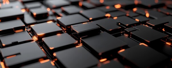 A close-up view of interconnected black tiles with glowing edges, creating a modern and futuristic geometric pattern.