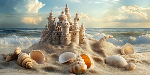 A sandcastle with seashells 