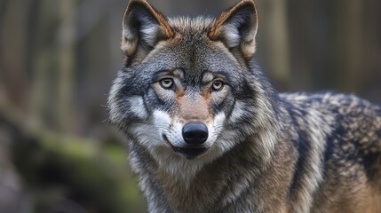 Wall Mural - A wolf with sharp teeth and eyes, looking straight ahead.