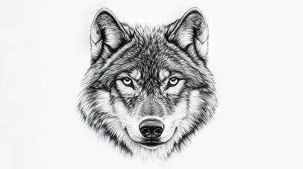 Poster - Black and white wolfs head drawing on white background, detailed 