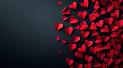 Sticker - Variety of red paper hearts scattered on a dark black background, Valentine's Day concept. 