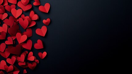 Canvas Print - Variety of red paper hearts scattered on a dark black background, Valentine's Day concept. 