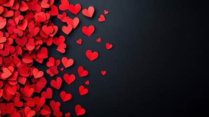 Sticker - Variety of red paper hearts scattered on a dark black background, Valentine's Day concept.