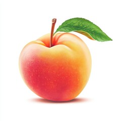 A ripe, juicy peach with a green leaf attached, displayed on a white background, showcasing its vibrant color and fresh appeal.