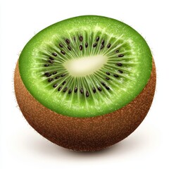 A half kiwi fruit with vibrant green flesh and black seeds, displayed on a white background, highlighting its juicy texture.