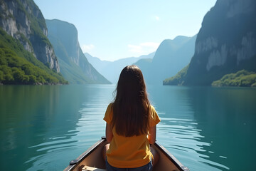 the girl is sitting in a boat on the lake