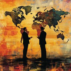 Two men are talking to each other in a business meeting. The meeting is taking place in a room with a large world map in the background. The men are dressed in suits and ties