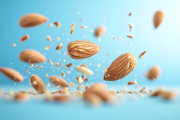 Wall Mural - Almonds and almond pieces suspended in mid-air against a vibrant blue background, highlighting their texture and freshness.