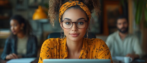 Canvas Print - A young woman in a yellow dress and glasses looks at the camera while sitting in a cafe.