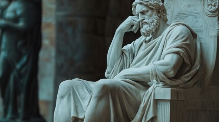 Marble Statue a stoic philosopher sitting on a throne thinking