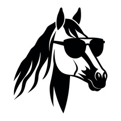 Wall Mural - a black and white illustration of a horse's head. The horse is facing towards the right side of the image, with its head turned slightly to the left. It has a pair of sunglasses on its head