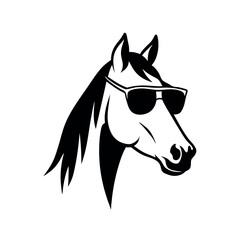 Wall Mural - a black and white illustration of a horse's head. The horse is facing towards the right side of the image, with its head turned slightly to the left. It has a pair of sunglasses on its head