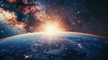 Wall Mural - view of planet earth with sunrise and galaxy in space. cosmos and astronomy concept. outer space exp
