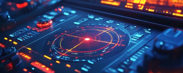 Futuristic control panel with glowing buttons and screens, displaying a digital radar interface in vibrant neon colors.
